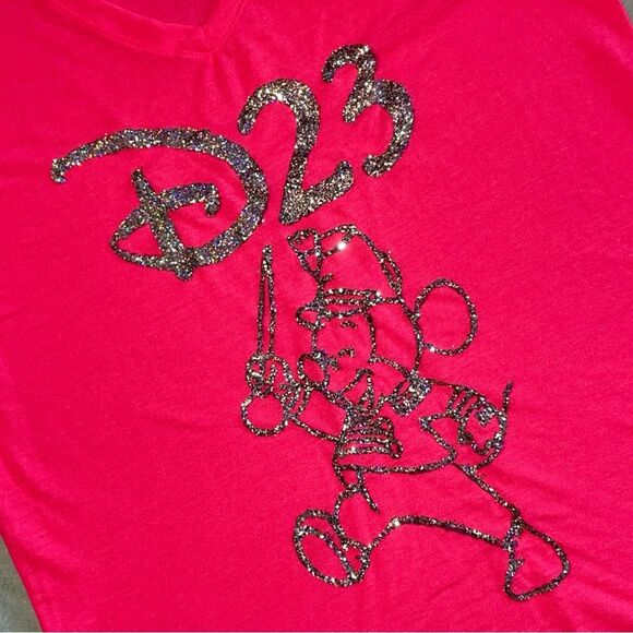 D23 Disney Mickey Mouse band leader glitter design pink v-neck T-shirt Small EUC - Picture 2 of 10